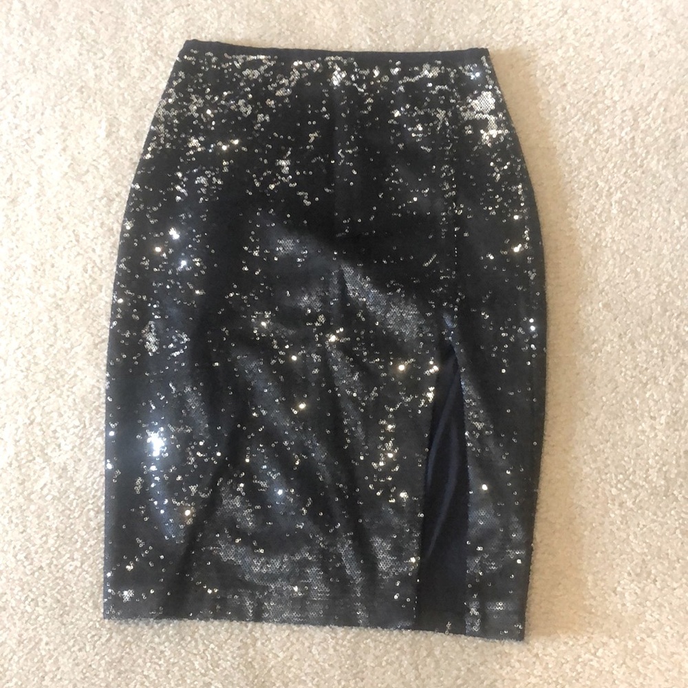 Navy blue sequin knee length skirt with front slit